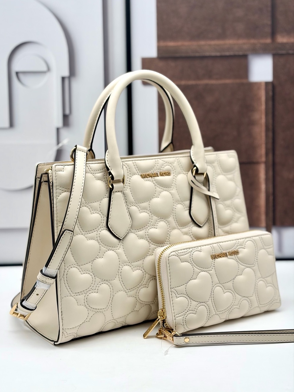MICHAEL KORS Sheila Medium Heart Embroidered Satchel Crossbody Bag & Wallet Set